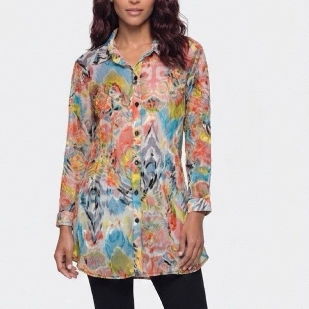 VTG City Girl Nancy Bolen Mesh Blouse Women LG Multicolor Abstract‎ Sheer Button